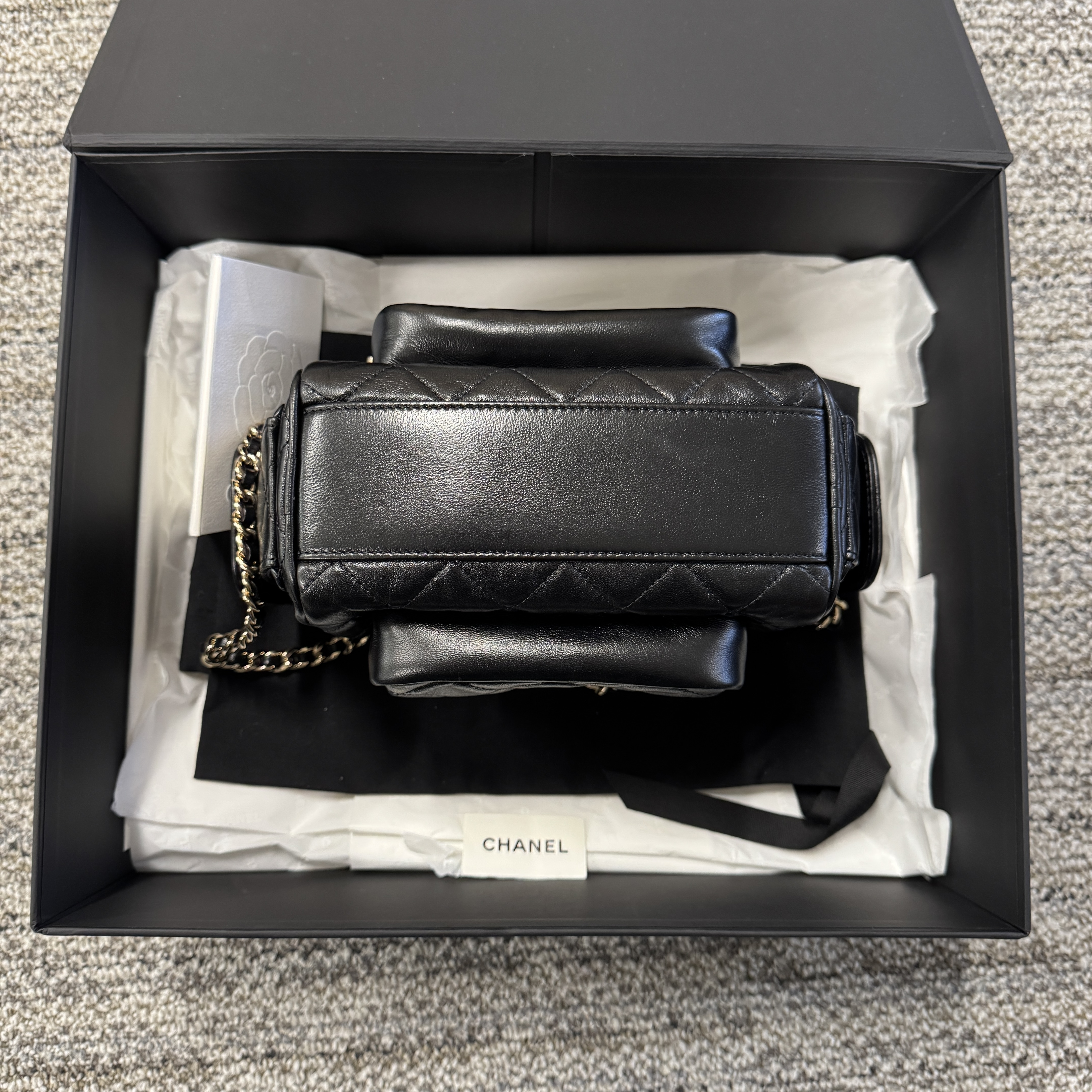 CHANEL  Preppy Pocket Camera Bag Shiny Crumpled Black Lambskin LGHW